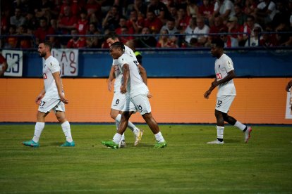 Els jugadors escaldencs celebrant el gol de Joanet que va suposar el 0 a 1.