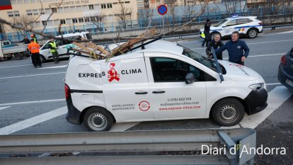 Un dels vehicles afectats per la caiguda d'un arbre a l'avinguda Salou d'Andorra la Vella