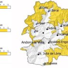 Mapa amb les zones on hi haurà avís groc dijous i divendres