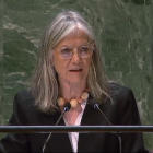 Elisenda Vives en la seva intervenció a l'ONU l'1 de maig