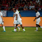 Els jugadors escaldencs celebrant el gol de Joanet que va suposar el 0 a 1.