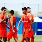 Els jugadors de l’FC Andorra celebren el segon gol, de Juanda Fuentes, ahir.