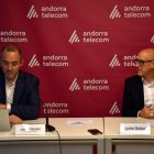 El director general d'Andorra Telecom, Jordi Nadal; i el cònsol menor d'Escaldes-Engordany, Quim Dolsa; durant la presentació de la 14a edició del saló del Videojoc