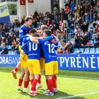 Els jugadors de l’FC Andorra celebren el gol de Manu Nieto, de penal, que sentenciava el partit contra el Lugo.