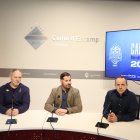 El coordinador del Campus BCA estiu 2025, Xavi Luque; el conseller d'Esports i Reactivació Econòmica del comú d'Encamp, Nino Marot; i el director del Campus BCA estiu 2025, David Eudal, durant la presentació de l'edició d'enguany.