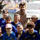 Gerard Piqué, diumenge amb les nens de la base, i una captura de la seva piulada.