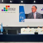 El cap de Govern, Xavier Espot, durant el seu discurs a la Conferència Internacional sobre Finançament de l'ONU, a Sevilla