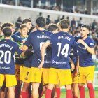 Els jugadors de l’FC Andorra celebren el segon gol, aconseguit per Àlex Calvo, ahir a Santander.