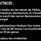 Cartell de Mobilitat on anuncia les afectacions de trànsit fins al 31 de gener al carrer de Bonaventura Armengol