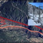 La línia soterrada, a baix. La vella, a dalt.