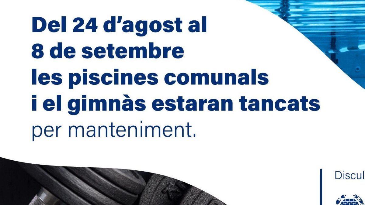 Tancament de les piscines comunals i el gimnàs per manteniment