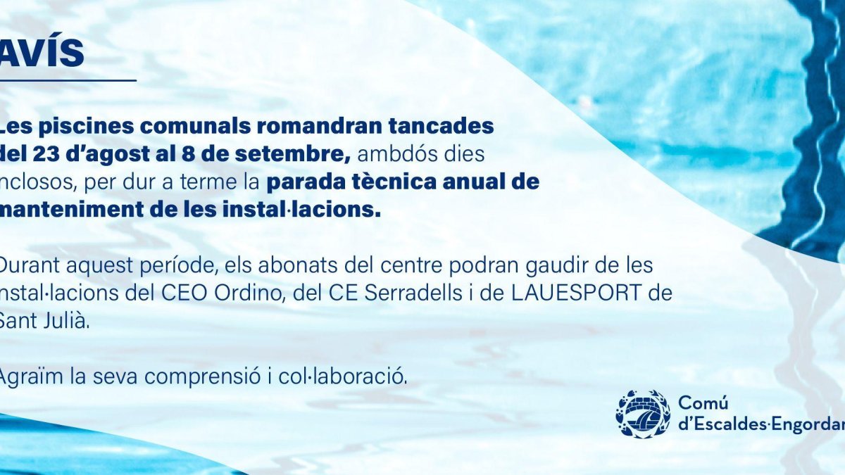 Anunci del tancament de les piscines comunals d'Escaldes-Engordany.