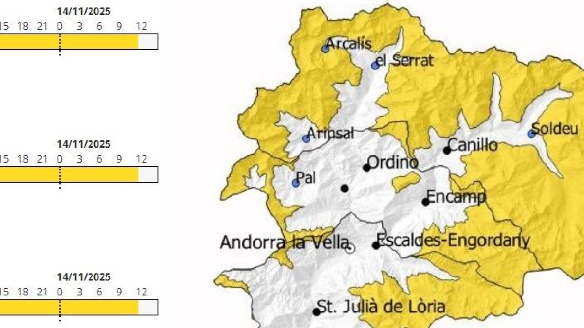 Mapa amb les zones on hi haurà avís groc dijous i divendres