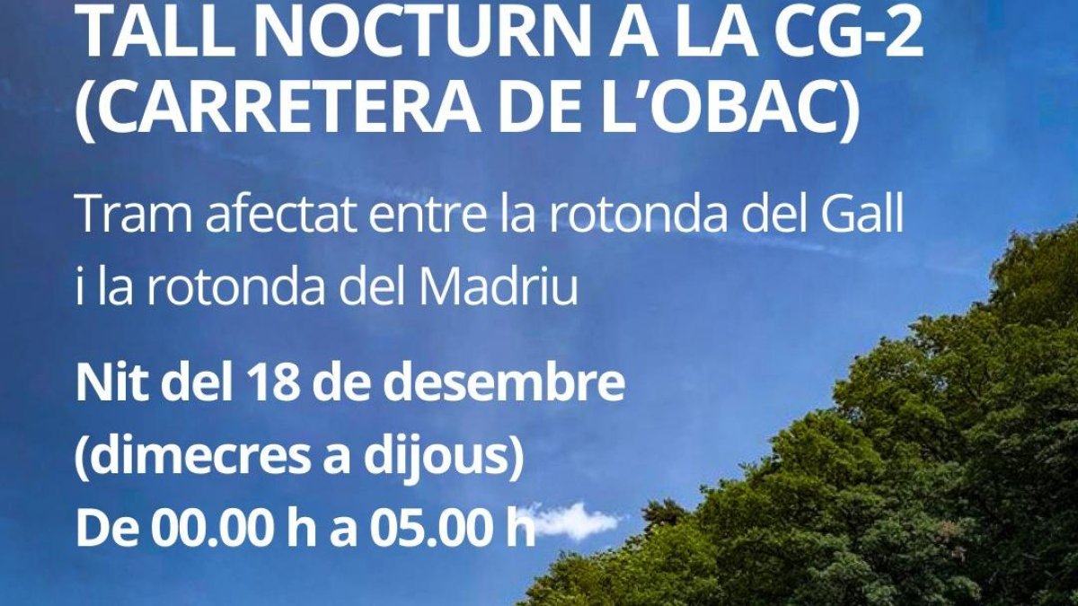 Anunci del tall de la carretera de l'Obac aquesta nit, anunciada pel Deprtament de Mobilitat