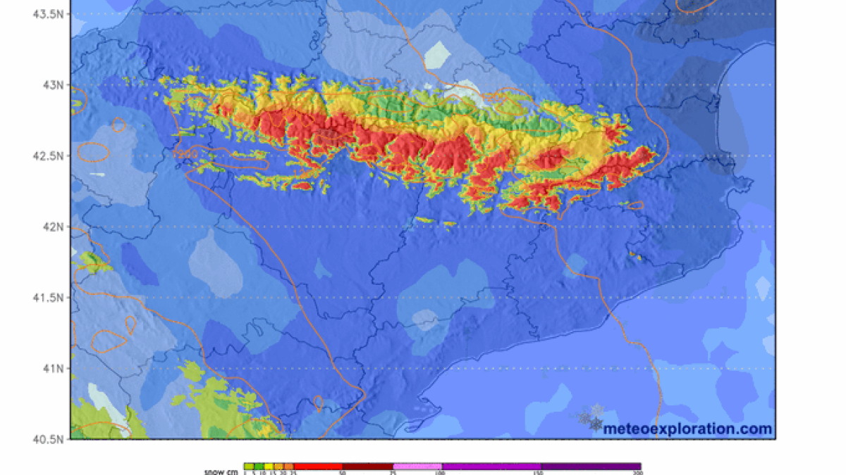 Previsió dels gruixos de neu que es poden acumular al Pirineu entre divendres i dimarts