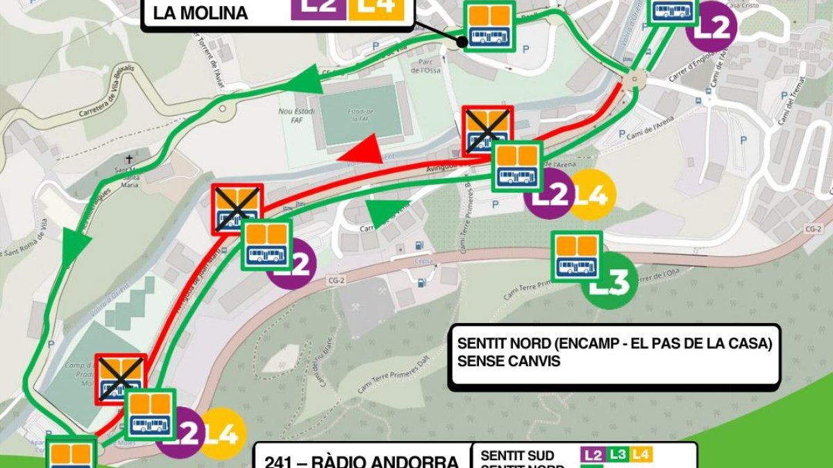 La modificació dels recorreguts de la L2 i L4 a Encamp.