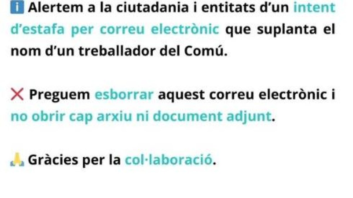 La piulada del comú d'Andorra la Vella on alerta de l'estafa.