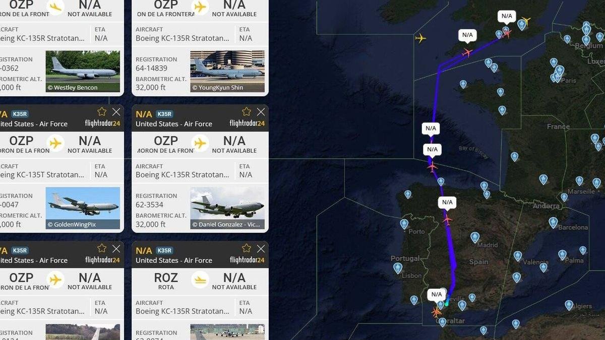 El mapa de FlightRadar24 on es veuen els avions de proveïment de carburant estatunidencs abandonar les bases espanyoles de Morón i Rota.
