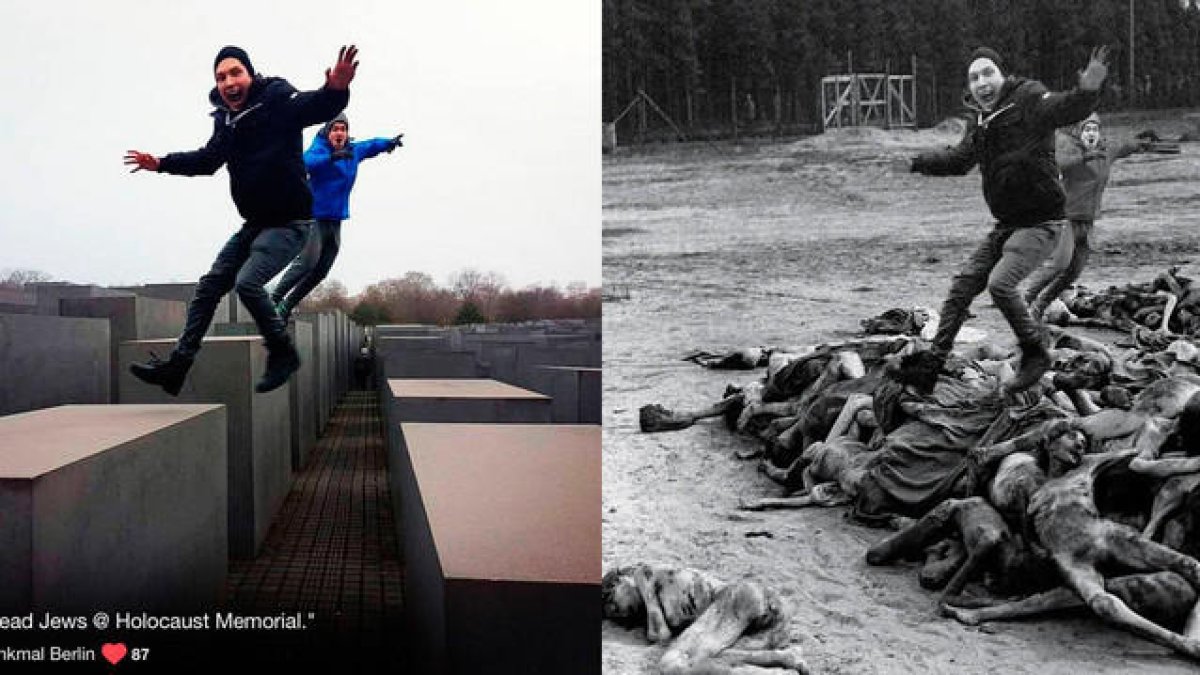 Les fotos al memorial de l'Holocaust, amb un altre fons