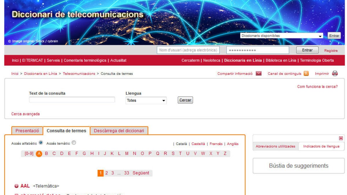 Pàgina web de consulta del diccionari de les telecomunicacions del TERMCAT