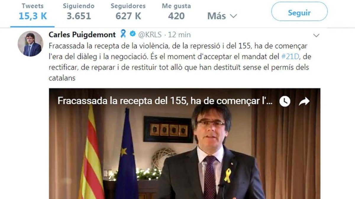 Puigdemont exigeix a Rajoy que “reconegui” els resultats del 21-D