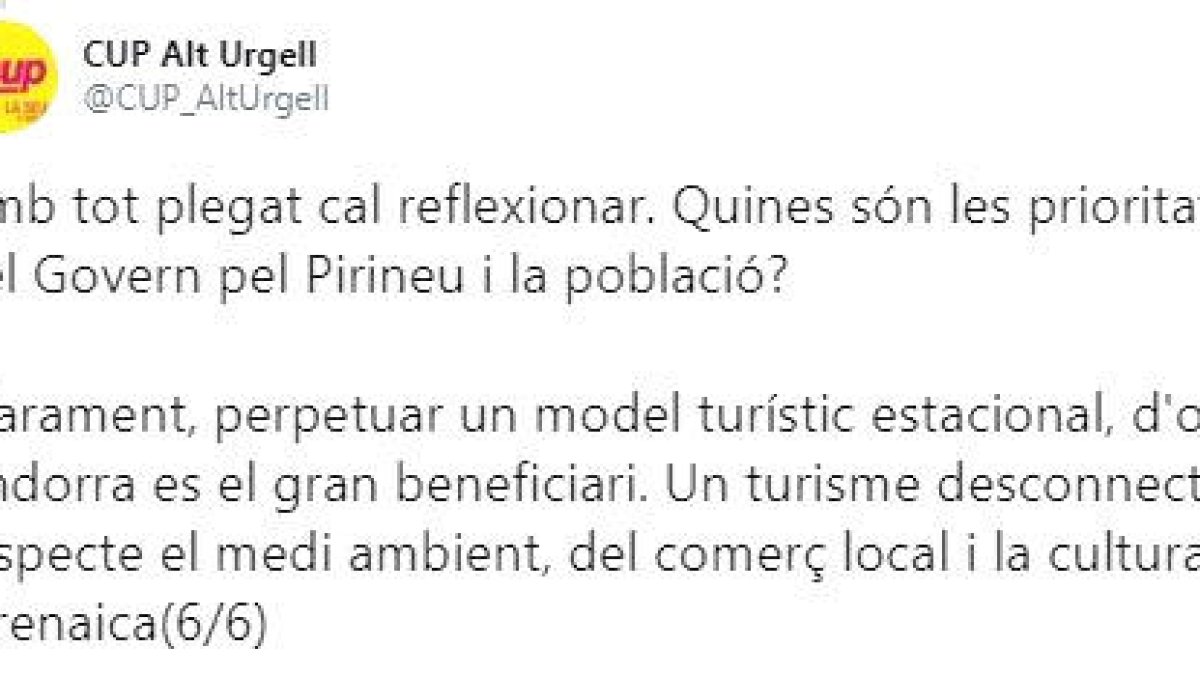 La CUP de l'Alt Urgell carrega via Twitter contra l'aeroport