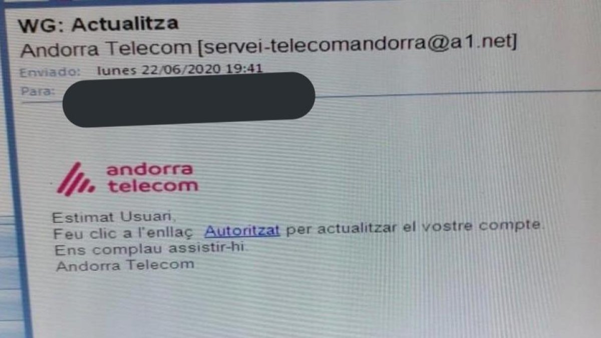 Alerta de 'phishing' per un correu fals d'Andorra Telecom