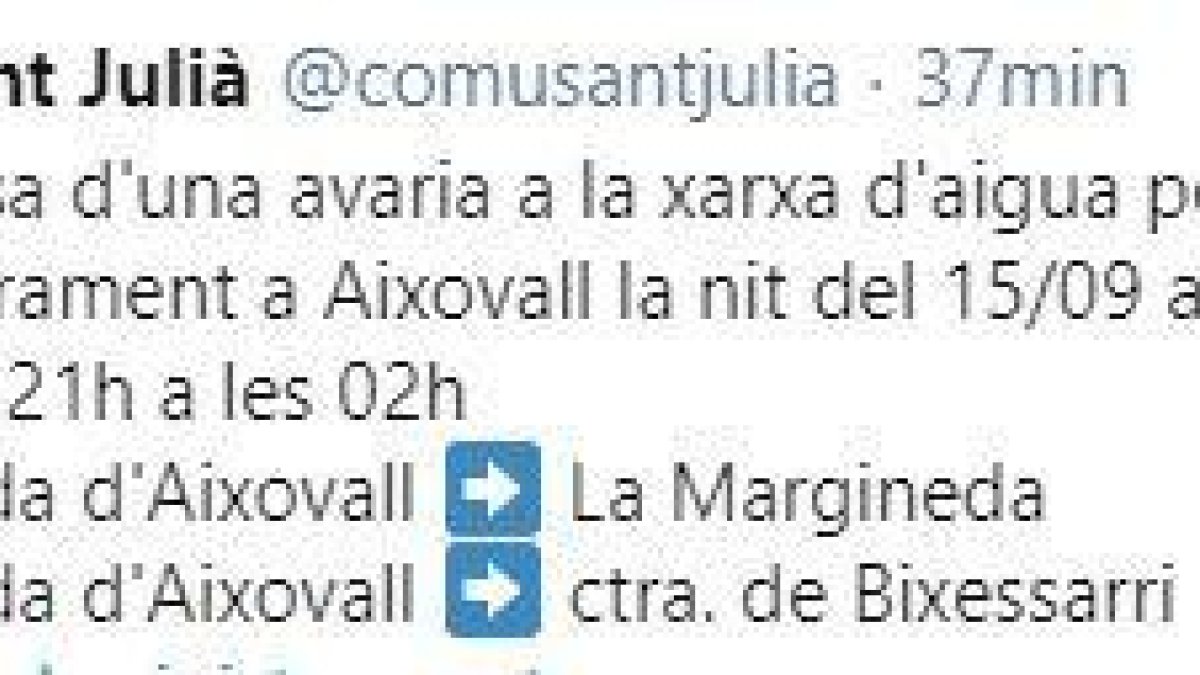 Tall d'aigua a Aixovall aquesta nit per una avaria