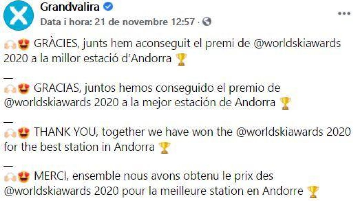 Agraïment de Grandvalira als seguidors pel premi