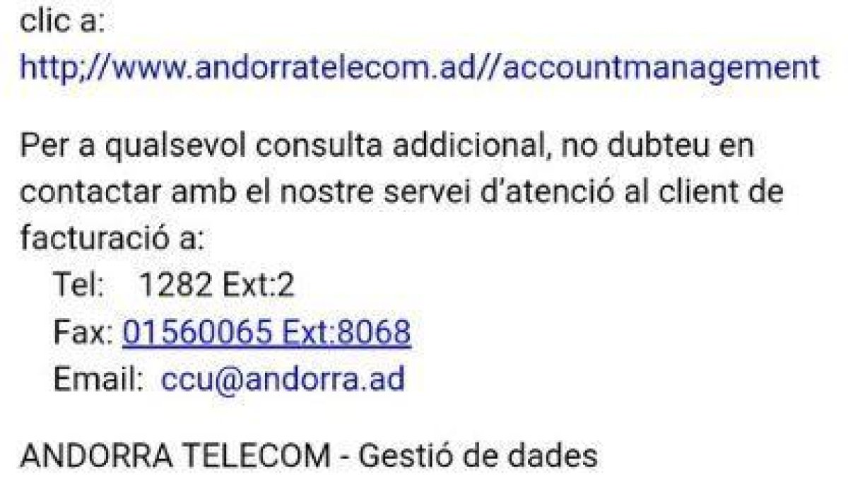 El missatge del correu fraudulent