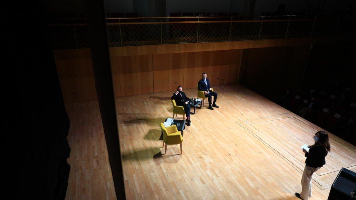 Riva, Espot i Pons, durant la presentació del Llibre Blanc de la cultura, aquesta tarda a l'Auditori Nacional.