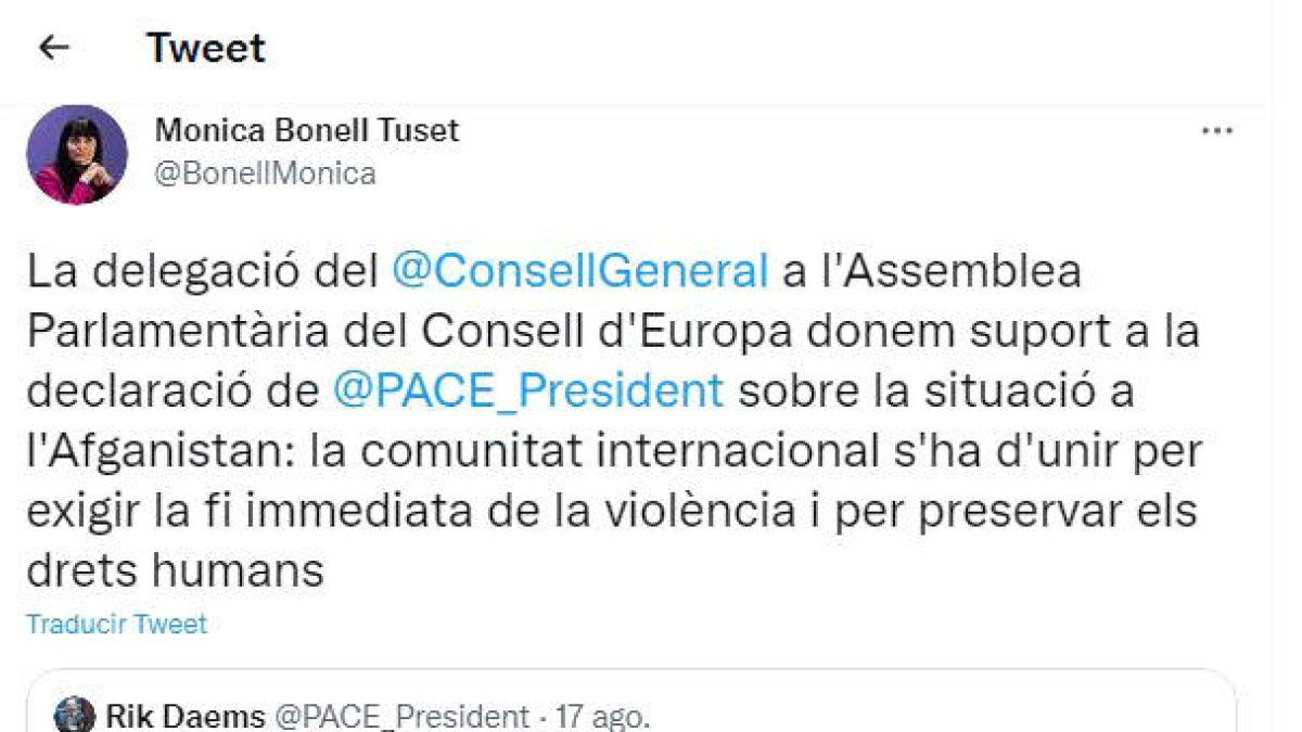 Tuit de la membre de la delegació, Mònica Bonell.