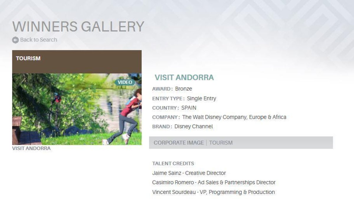 Premi per a l'anunci d'Andorra Turisme i Walt Disney