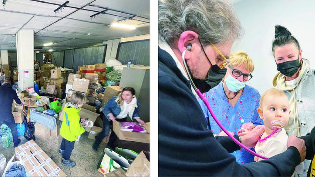 A l'esquerra, diverses persones organitzant el material que s'envia a Ucraïna. A la dreta, el metge visitant un nen ucraïnès que va arribar ahir al país.