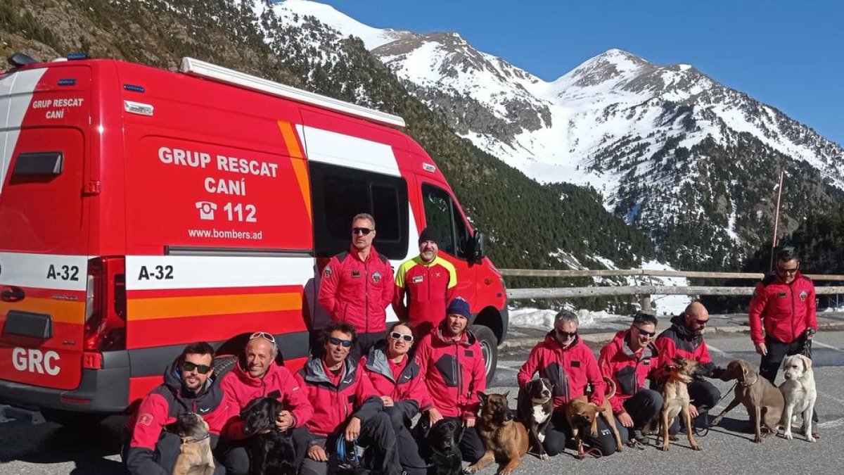 Els bombers participant en la formació de gossos en allaus