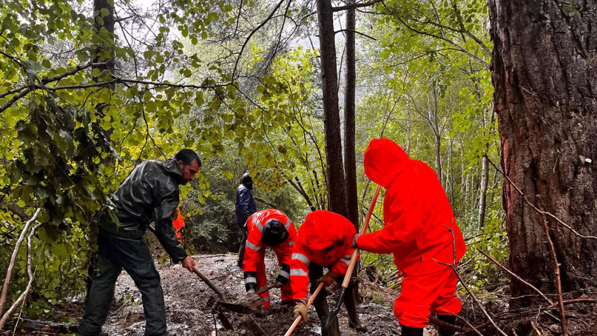 Operaris treballant al torrent del Prat de la Solana de la Massana.