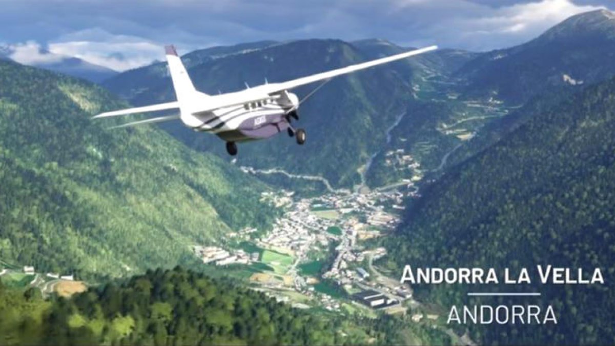 Imatge del joc sobrevolant Andorra la Vella.