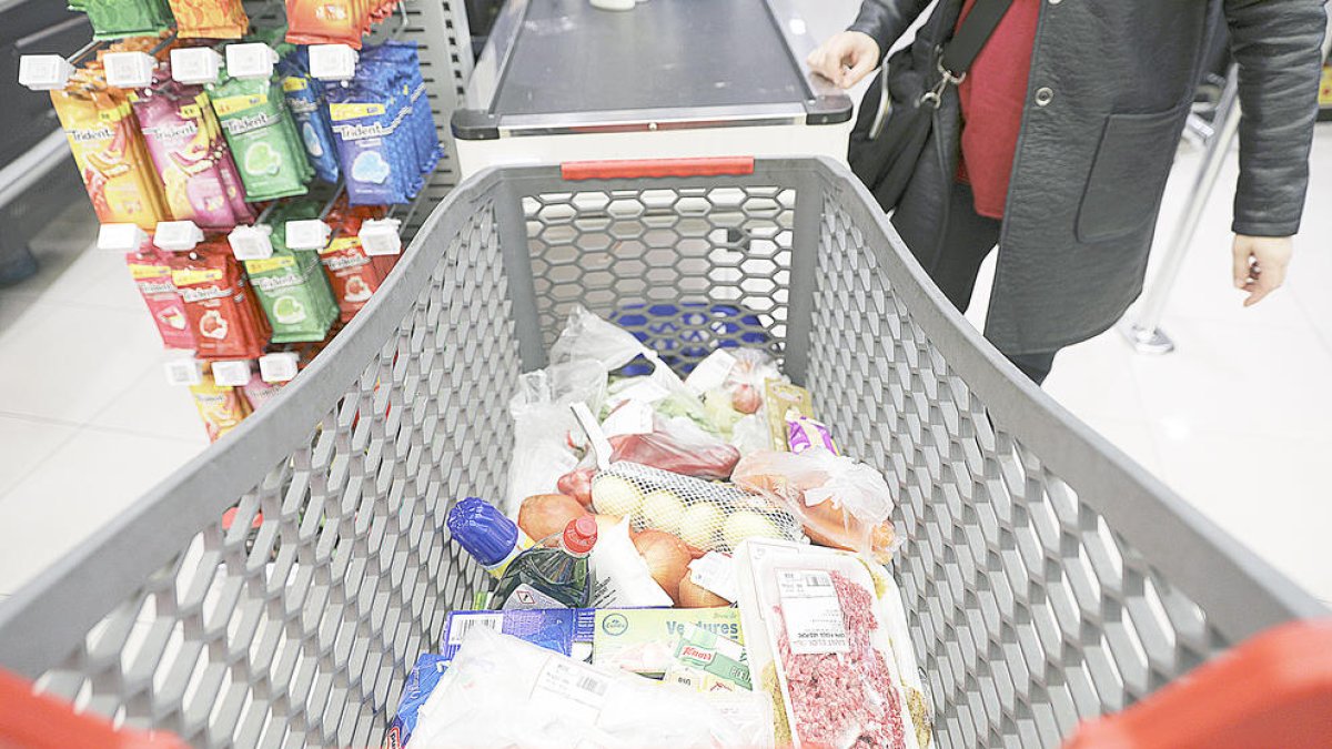 Un carro de la compra amb productes bàsics.