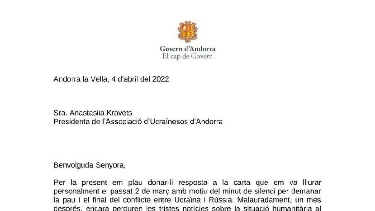 La carta de resposta del cap de l'executiu cap a l'associació