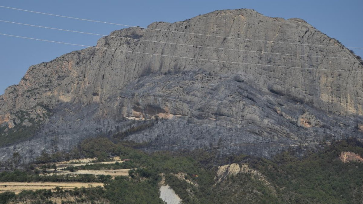 Els mitjans aeris treballant avui per remullar la zona cremada a Peramola