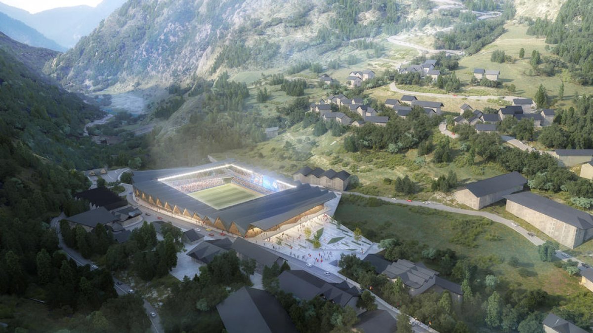 Render de l'exterior del futur estadi a Prada de Moles.