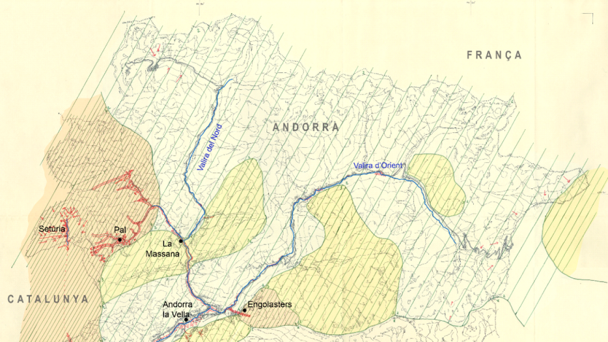 Mapa dels efectes de l'aiguat del 1982 a Andorra. En vermell, cartografia d'efectes geomorfològics i les zones ratllades en colors indiquen intensitat i quantitat de precipitació estimada segons l'autor. Modificat de Luc Barthélemy.
