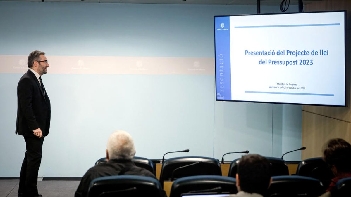 El ministre de Finances, Eric Jover, durant la presentació del pressupost del 2023.
