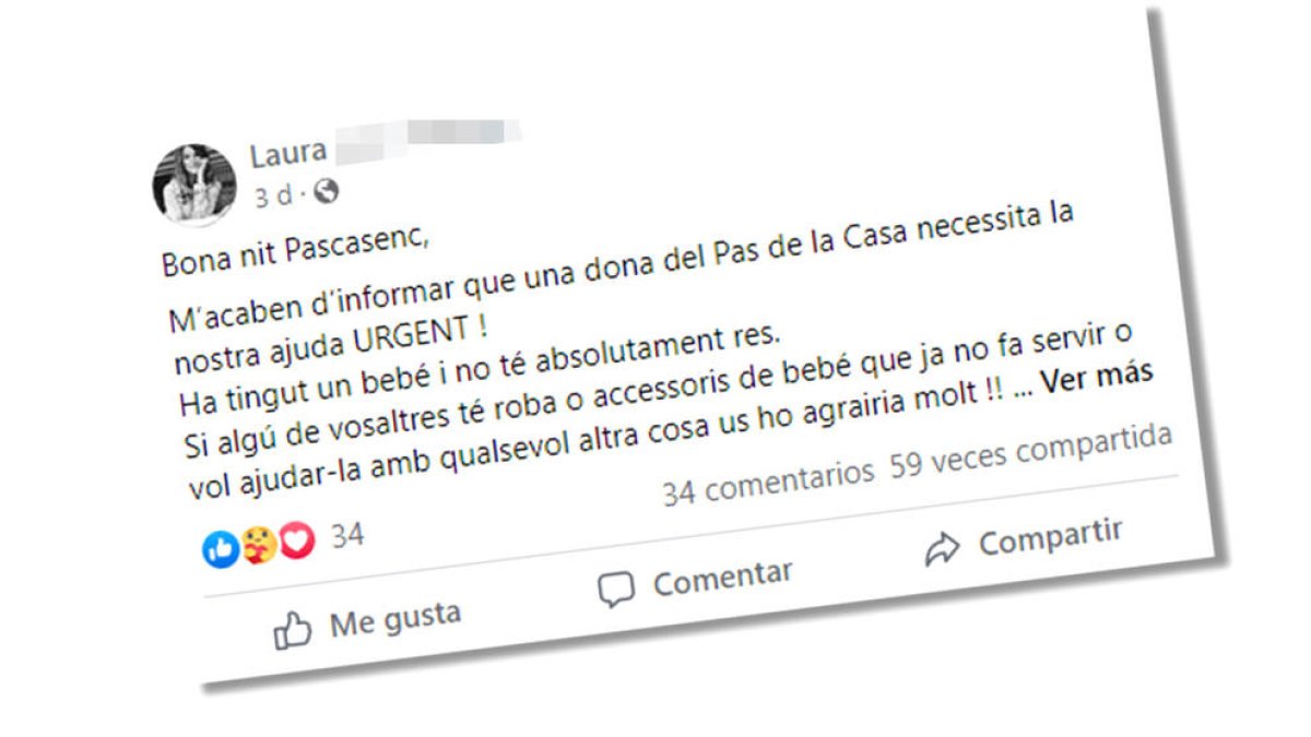 Una usuària demanant ajut per la família a través de Facebook.