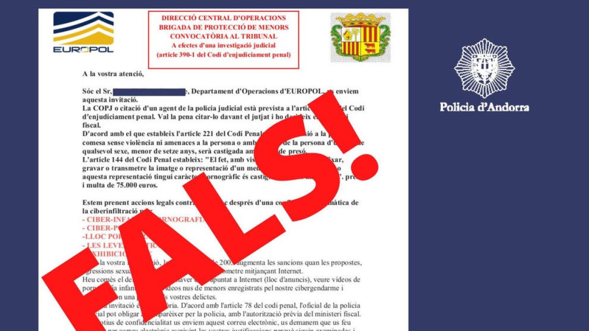 Un dels correus falsos que s'atribueixen a l'Europol dels quals alerta la policia