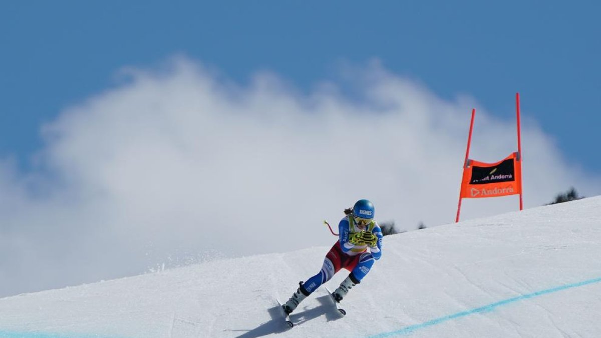 L'esquiadora francesa Laura Gauche avui a l'Àliga on ha marcat el millor temps en l'entrenament de descens