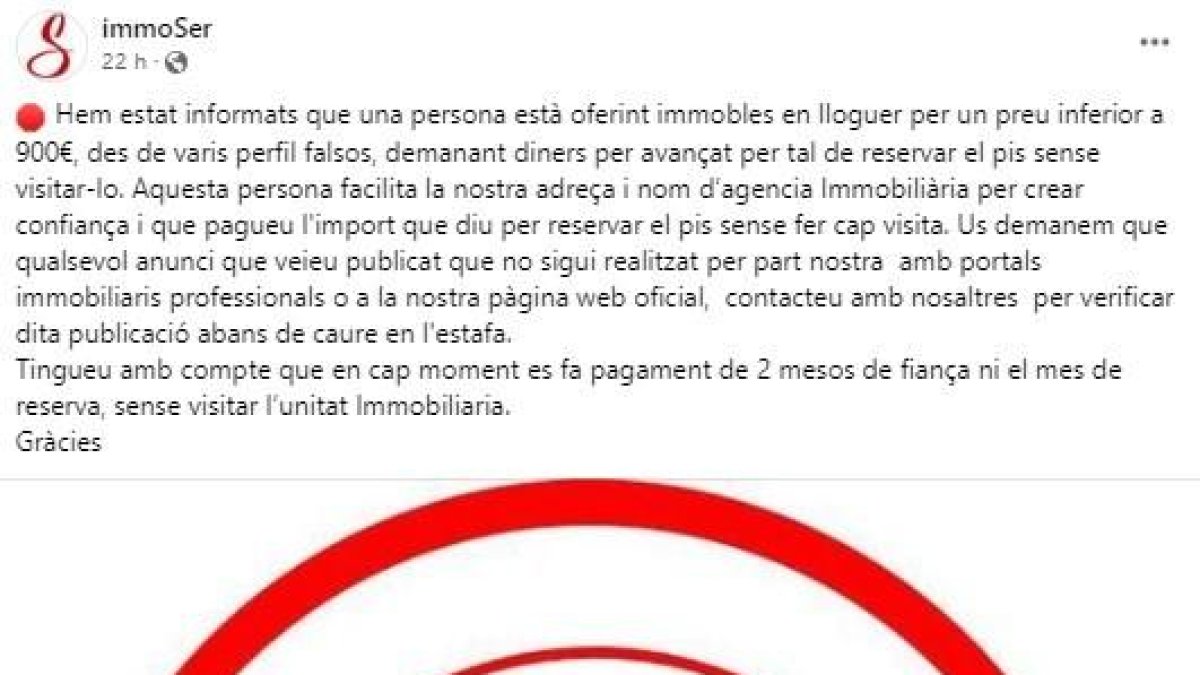 Avís de la immobiliària ImmoSer a les xarxes socials