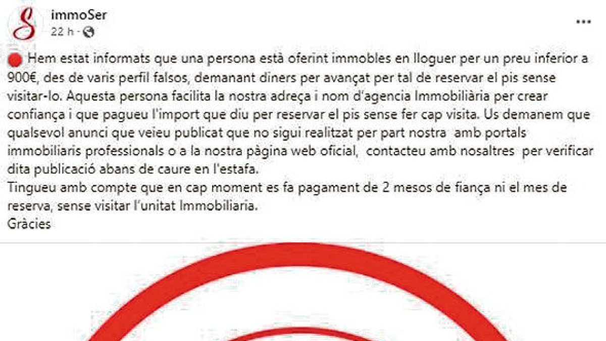 Missatge on l'empresa alerta del frau.