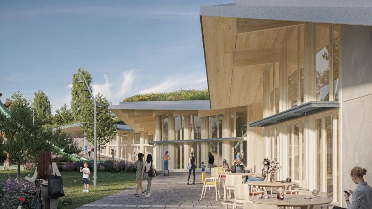 Render de la zona exterior del bar/restaurant del parc de l'Ossa