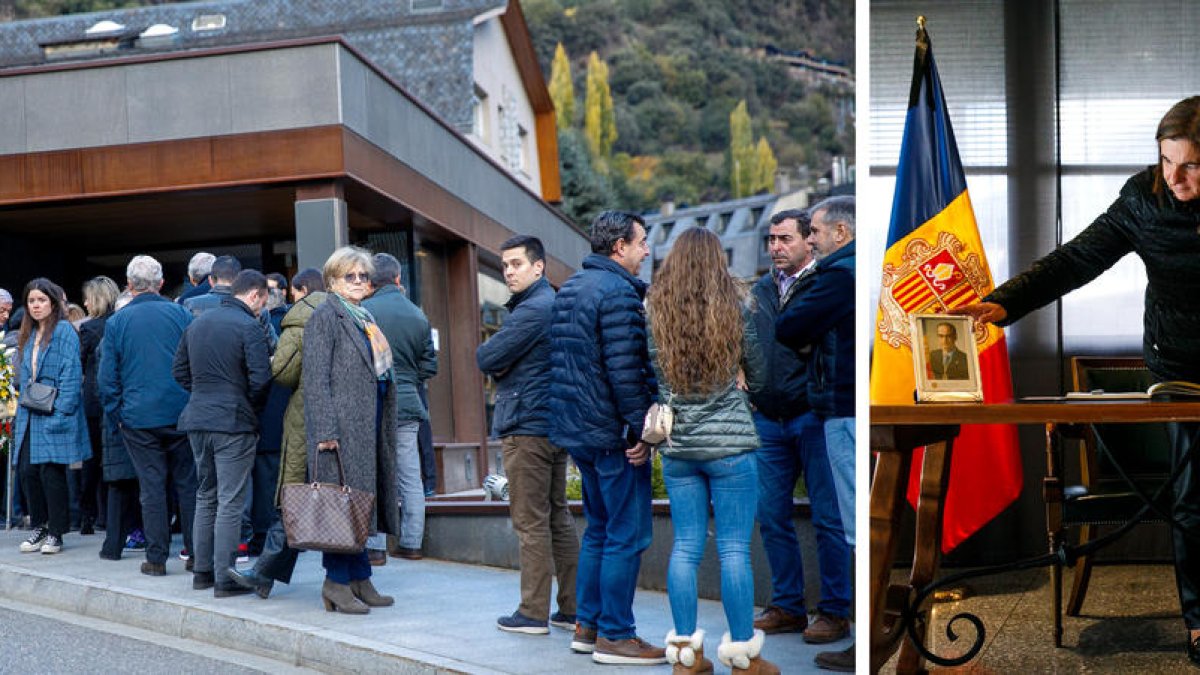 Ciutadans fent cua al tanatori d'Escaldes. A la dreta, la ministra Trini Marín escrivint al llibre de condolences.